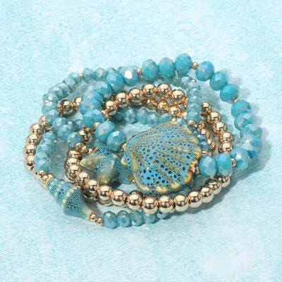 Fashnzfab 5pcs - Starfish Shell Accent Faceted Beaded Stretch Multi Layered Bracelets Teal In Blue