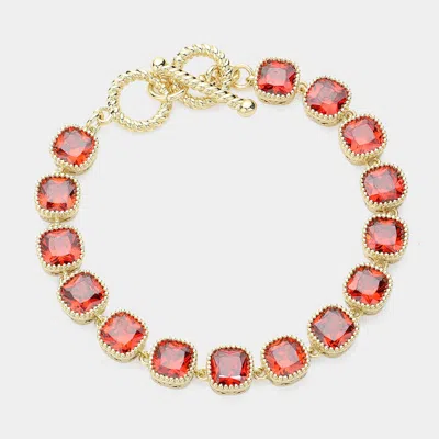 Fashnzfab 14k Gold Plated Square Cz Stone Link Evening Toggle Bracelet Gold, Red In Multi