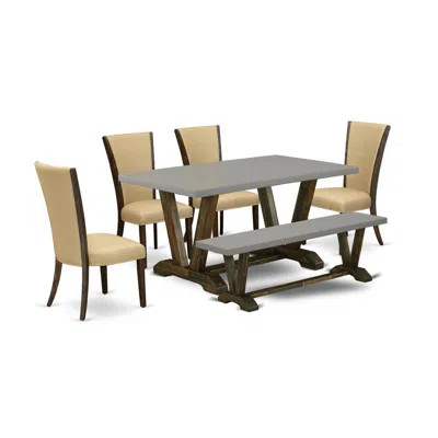 East West Furniture 6 Piece Dining Table Set - 4 Brown Linen Fabric Mid Century Chair With Nailheads And Cement Modern D In Neutral