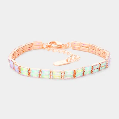 Fashnzfab 2rows Rectangle Stone Cluster Evening Bracelet Ab, Rose Gold In Multi