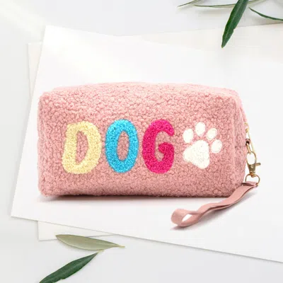 Fashnzfab Faux Fur Dog Message Paw Pouch With Wristlet In Pink