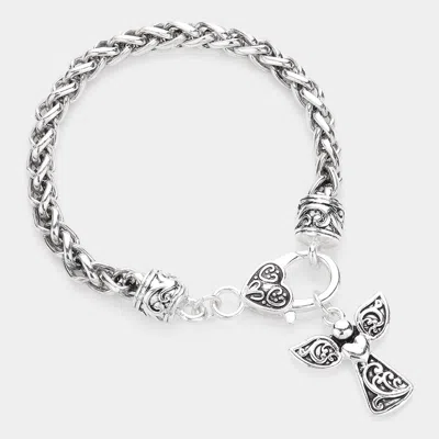 Fashnzfab Antique Metal Angel Cross Charm Bracelet Antique Silver In Multi