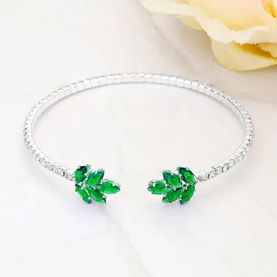 Fashnzfab Cz Stone Embellished Marquise Stone Cluster Leaf Tip Cuff Bracelet Clear, Emerald, Silver In Multi