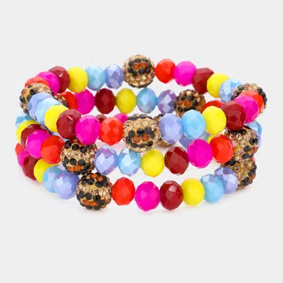 Fashnzfab 3pcs - Leopard Pattern Shamballa Ball Faceted Bead Stretch Bracelets Fuchsia, Multi In Multi