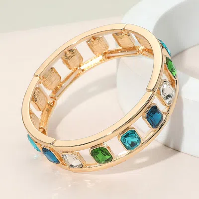 Fashnzfab Emerald Cut Stone Embellished Open Frame Stretch Bracelet Blue, Gold In Multi