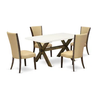 East West Furniture 5pc Dining Table Set Consists Of A Wood Table And 4 Parsons Dining Room Chairs With Brown Color Line In Brown