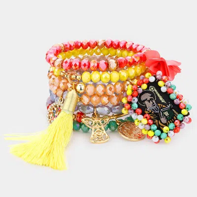 Fashnzfab 7pcs - Religious Coin Evil Eye Fabric Flower Leaf Tassel Charm Faceted Beaded Bracelets In Multi