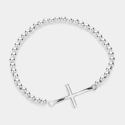 Fashnzfab Stainless Steel Stone Paved Cross Pendant Pointed Stretch Bracelet Silver In Silver