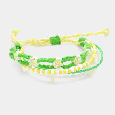 Fashnzfab Flower Threaded Shell Piece Pointed Beaded Adjustable Cinch Pull Tie Bracelet Green In Green