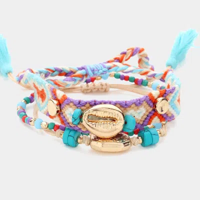 Fashnzfab 3pcs - Metal Puka Shell Pointed Aztec Pattern Thread Braided Metal Charm Pointed Adjustable Multi Be In Blue