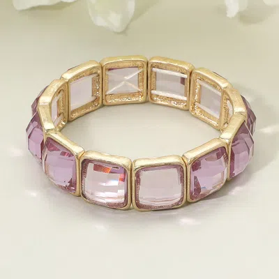 Fashnzfab Square Faceted Gemstone Frame Beaded Stretch Bracelet Purple, Worn Gold In Multi