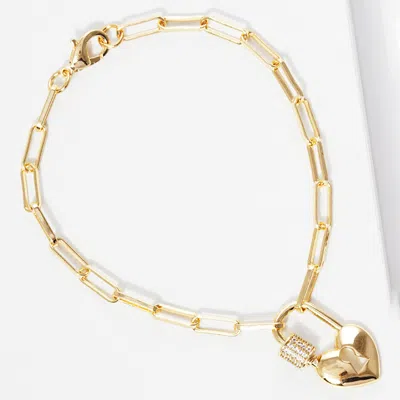 Fashnzfab Gold Dipped Cz Stone Paved Heart Lock Carabiner Pointed Paperclip Chain Bracelet Clear, Gold In Multi