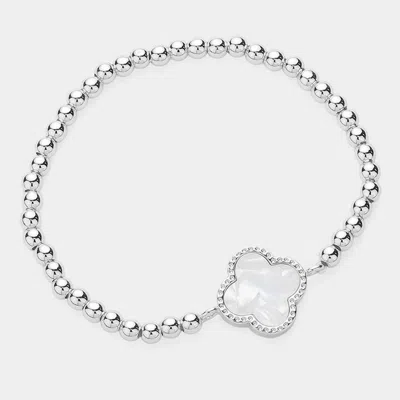 Fashnzfab Quatrefoil Pointed Stainless Steel Ball Beaded Stretch Bracelet Mother Of Pearl, Silver In Multi