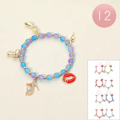 Fashnzfab 12pcs - High Heel Lip Bow Charm Ombre Beaded Stretch Bracelets Assorted In Multi