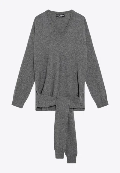 Dolce & Gabbana V-neck Knotted Cashmere Sweater Clothing In Gray