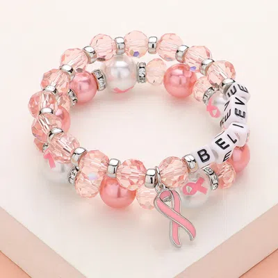 Fashnzfab 2pcs - Believe Message Pointed Pink Ribbon Charm Faceted Beaded Stretch Double Layered Bracelets In Multi