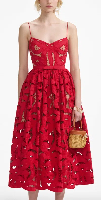 Self-portrait Embroidered Midi Dress With Bow In Red