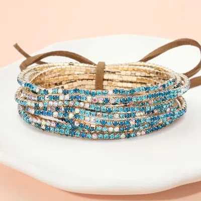 Fashnzfab 12pcs - Ribbon Colorful Rhinestone Layered Stretch Bracelets Teal In Blue