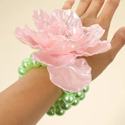 Fashnzfab Pearl Accent Floral Stretch Bracelet Pink & Green In Multi