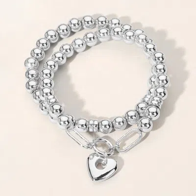 Fashnzfab 2pcs - Metal Heart Charm Pointed Ball Beaded Stretch Multi Layered Bracelets Rhodium In Multi