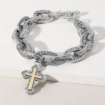 Fashnzfab 14k Gold Plated Two Tone Cross Charm Chunky Chain Toggle Bracelet Two Tone In Multi
