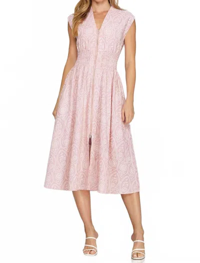 She + Sky Drop Shoulder Smocked Waist Front Zip Eyelet Printed Midi Dress In Pink In Pink