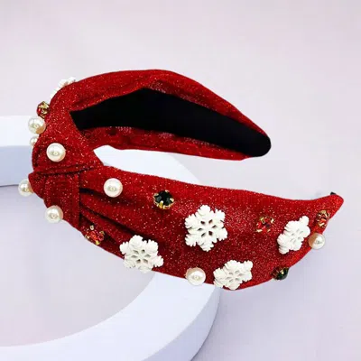 Fashnzfab Pearl Stone Cluster Snowflake Embellished Knot Sparkle Fabric Headband In Red