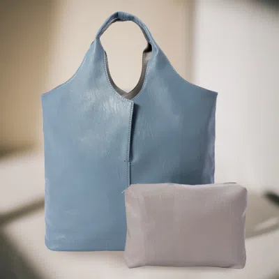 Fashnzfab 2pcs - Reversible Metallic Tote And Pouch Bags In Blue