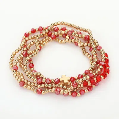 Fashnzfab 5pcs - Metal Cross Pointed Faceted Beaded Stretch Multi Layered Bracelets In Red