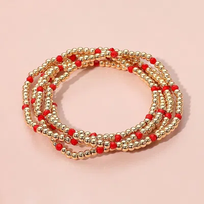 Fashnzfab 5pcs - Skinny Beaded Stretch Multi Layered Bracelets Gold, Red In Multi