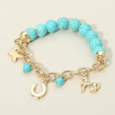 Fashnzfab Secret Box_western Horse Horseshoe Texas Map Charm Station Turquoise Stone Beaded Stretch Bracelet G In Gold