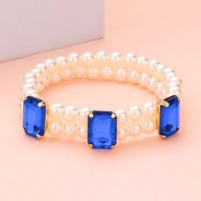 Fashnzfab Rectangle Stone Accented Pearl Stretch Bracelet Sapphire In Blue