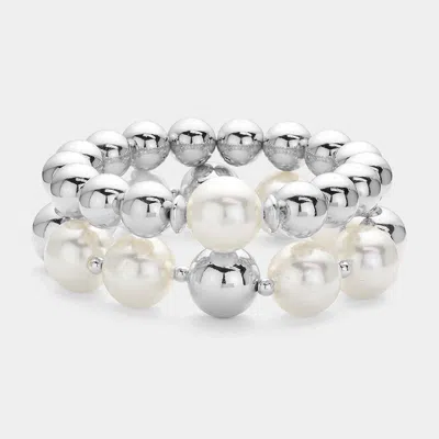 Fashnzfab 2pcs - Pearl Pointed Metal Ball Stretch Multi Layered Bracelets In Multi