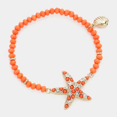 Fashnzfab Starfish Shell Charm Beaded Stretch Bracelet Gold, Orange In Multi
