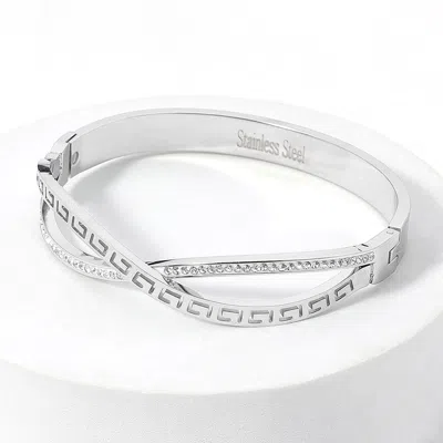 Fashnzfab Stainless Steel Stone Paved Greek Pattern Infinity Pointed Hinged Bangle Bracelet Silver In Silver