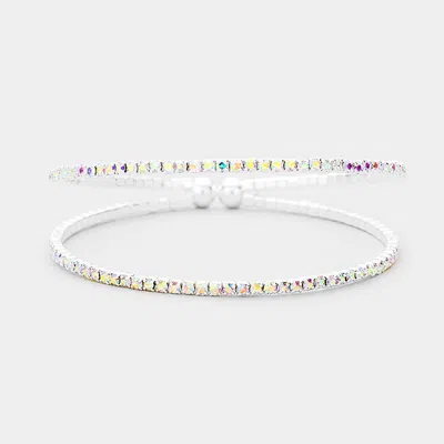 Fashnzfab 2row Split Layer Rhinestone Pave Cuff Evening Bracelet Ab, Silver In Multi