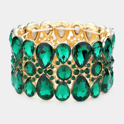 Fashnzfab Pear Crystal Floral Rhinestone Stretch Evening Bracelet Emerald In Gold
