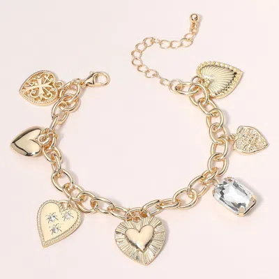 Fashnzfab Metal Heart Cross Stone Charm Station Bracelet Clear, Gold In Multi