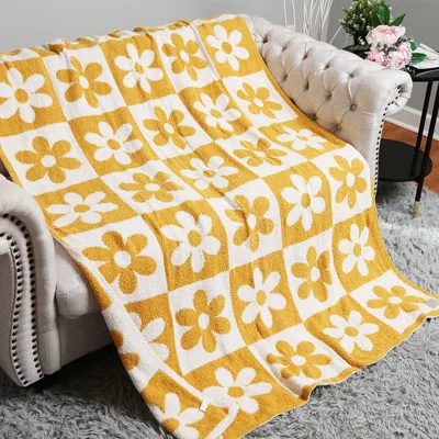 Fashnzfab Checkered Flower Patterned Reversible Throw Blanket In Yellow