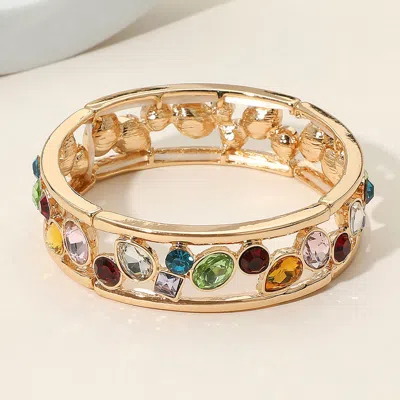 Fashnzfab Multicolor Various Shaped Stone Bezel Embellished Open Frame Stretch Bracelet Gold, Multi In Multi
