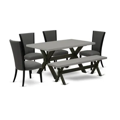 East West Furniture 6 Piece Mid Century Dining Set - 4 Dark Gotham Grey Linen Fabric Comfortable Chair With Nailheads An In Gray