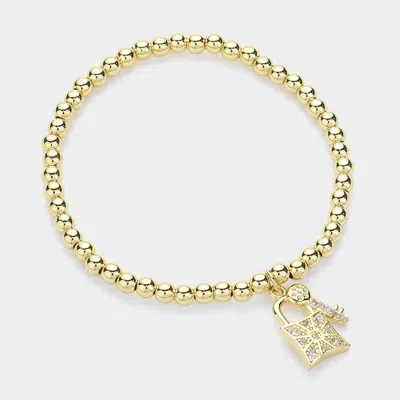 Fashnzfab Stainless Steel Stone Paved Key And Lock Charm Stretch Ball Bracelet Gold In Gold