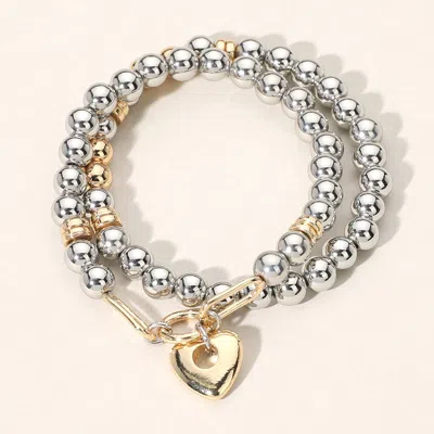 Fashnzfab 2pcs - Metal Heart Charm Pointed Ball Beaded Stretch Multi Layered Bracelets Two Tone In Multi