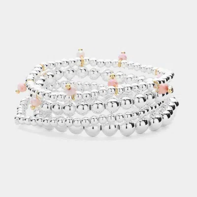 Fashnzfab 4pcs - Faceted Beads Station Metal Ball Stretch Multi Layered Bracelets Pink, Rhodium In Multi