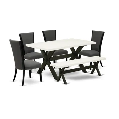 East West Furniture 6 Piece Kitchen Table Set - 4 Dark Gotham Grey Linen Fabric Chairs For Dining Room With Nailheads An In Black