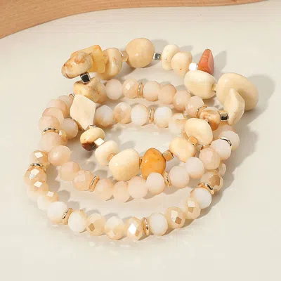 Fashnzfab 3pcs - Natural Stone Faceted Beaded Stretch Multi Layered Bracelets Gold, Neutral In Multi