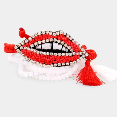 Fashnzfab 2pcs - Pave Trim Beaded Lips Tassel Adjustable Bracelet Gold, Red, White In Multi