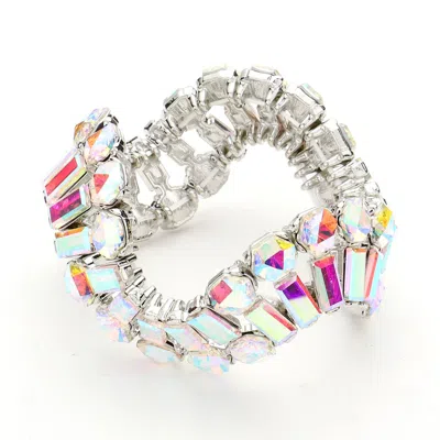 Fashnzfab Round Emerald Cut Stone Cluster Wavy Stretch Evening Bracelet Ab, Silver In Multi