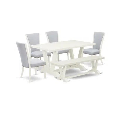 East West Furniture 6 Piece Table Set - 4 Grey Linen Fabric Parson Chairs With Nailheads And Wirebrushed Linen White Woo In Blue