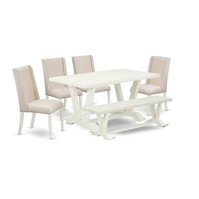 East West Furniture 6-piece Dinette Set-cream Color Linen Fabric Seat And High Stylish Chair Back Kitchen Chairs, A Rect In Neutral